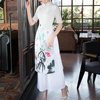 Printed Short-sleeve Slit-side Midi Qipao