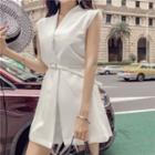 Set: Sleeveless Tie-waist Blazer + Wide-leg Shorts