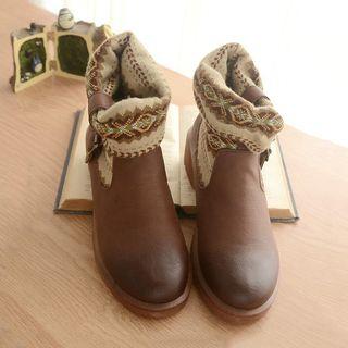 Chunky Heel Patterned Panel Ankle Boots
