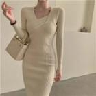 Long-sleeve Plain Ribbed Knit Midi Sheath Dress