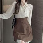 Long-sleeve Plain Shirt / Asymmetrical Mini Skirt