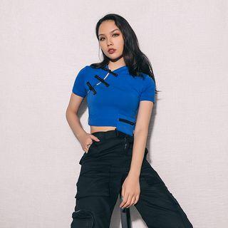 Chinese-style Frog-button Crop Top With Pouch