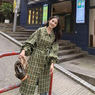 Puff-sleeve Plaid Trench Coat