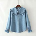 Frilled Peter Pan Collar Denim Blouse