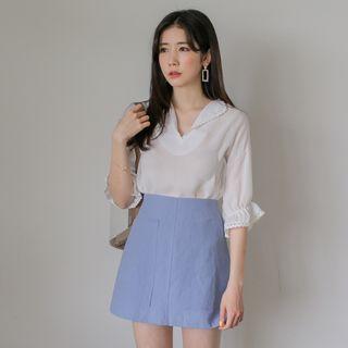 Elbow-sleeve Open-placket Lace-trim Top