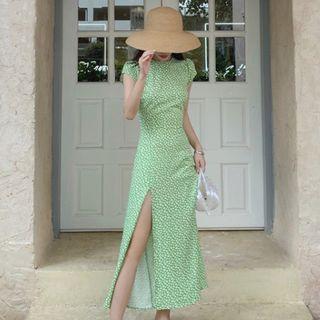 Cap-sleeve Floral Print Midi A-line Dress