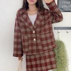 Set: Plaid Button Blazer + A-line Skirt