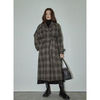 Plaid Woolen Long Trench Coat Black - One Size