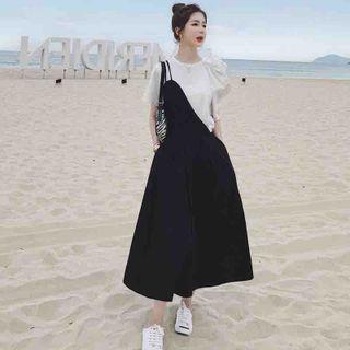 Set: Puff-sleeve T-shirt / One-shoulder Midi A-line Overall Dress