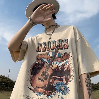 Short-sleeve Lettering Guitar Print T-shirt