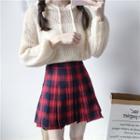 Knit Hoodie / Plaid Mini Skort / Pleated Midi Skirt