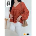 V-neck Balloon-sleeve Tiered Blouse