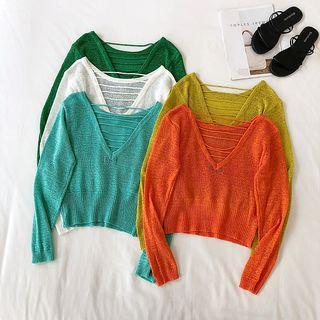 Strappy Long-sleeve Plain Cropped Lightweight Knit Top
