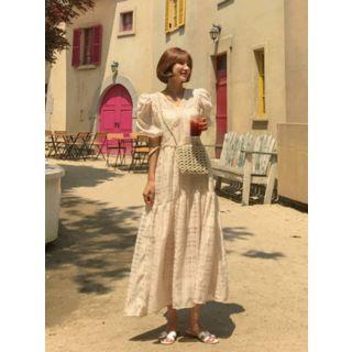 Puff-sleeve Sheer Plaid Maxi Tiered Dress & Slipdress Set