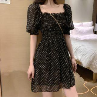 Dotted Short-sleeve Mini A-line Dress Dotted - Black - One Size