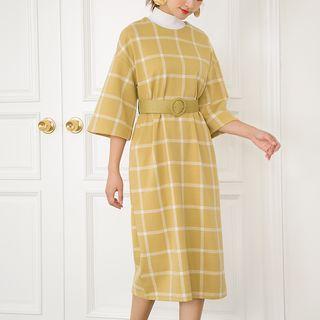 3/4-sleeve Windowpane Check Dress With Belt