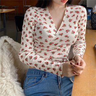 V-neck Floral Tie-strap Cropped T-shirt Floral - White - One Size