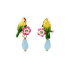 Fashion And Elegant Plated Gold Enamel Bird Flower Earrings With Blue Cubic Zirconia Golden - One Size
