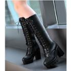 Faux Leather Lace Up Chunky Heel Tall Boots