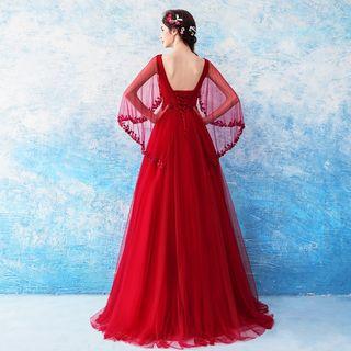 Beaded Mesh Panel Wedding Ball Gown