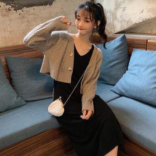 Crop Cardigan / Spaghetti Strap Midi Knit Dress