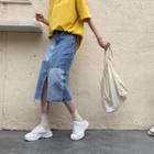 Denim Color Block Slit-front A-line Long Skirt
