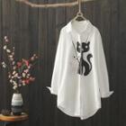 Long-sleeve Cat Print Shirt White - One Size