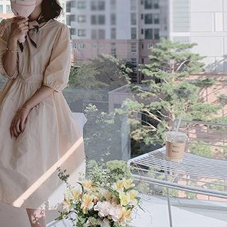 Puff-sleeve Tie-back A-line Dress Cream - One Size