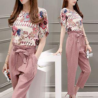 Set: Keys Print Short Sleeve Top + Tie Waist Cropped Pants