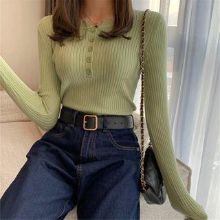 Ribbed Button-up Knit Top