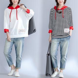 3/4-sleeve Color-block Hooded Top
