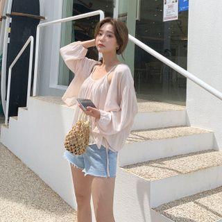 Set: Tie-front Cardigan + Shirred Camisole Top