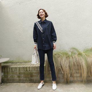 Contrast-trim Dip-back Shirt Navy Blue - One Size