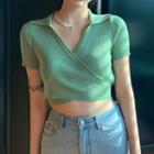 Short-sleeve V-neck Knit Cropped Top Green - One Size