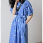 Floral Print 3/4-sleeve Midi A-line Dress Blue - One Size