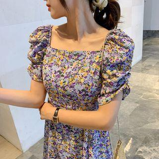 Square Neck Short-sleeve Floral Midi A-line Dress