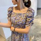 Square Neck Short-sleeve Floral Midi A-line Dress