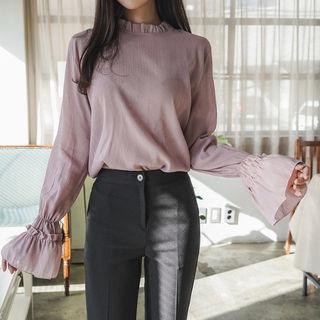 Frill-neck Ruffle-cuff Textured Top