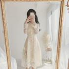 Frilled Trim Lace Long-sleeve A-line Dress Off-white - One Size
