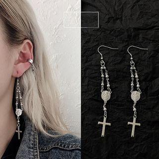 Stainless Steel Coin & Cross Dangle Earring