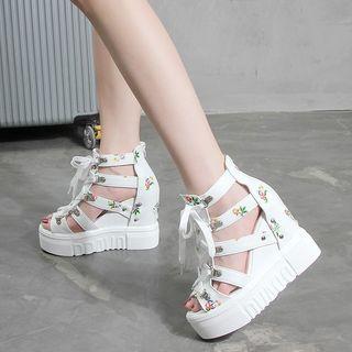 Floral Print Lace-up Platform Wedge Sandals