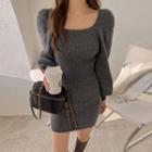 Balloon-sleeve Square-neck Rib-knit Dress