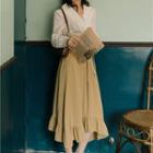 Set: V-neck Frilled Trim Blouse + Ruffle Hem Midi A-line Skirt