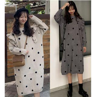 Long-sleeve Dotted A-line Midi Knit Dress