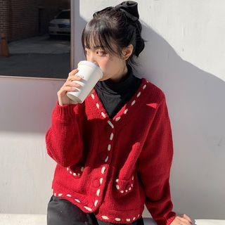 Contrast Detail Cardigan Red - One Size