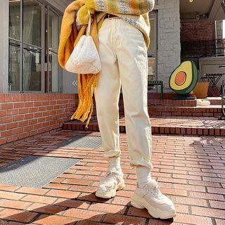 Belted Fleece-lined Denim / Cotton Baggy Pants