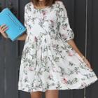 3/4-sleeve Floral Pattern Empire Dress