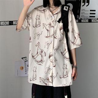 Elbow-sleeve Horse Print Shirt Beige - One Size