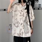 Elbow-sleeve Horse Print Shirt Beige - One Size