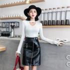Zip Front Straight Fit Faux Leather Skirt
